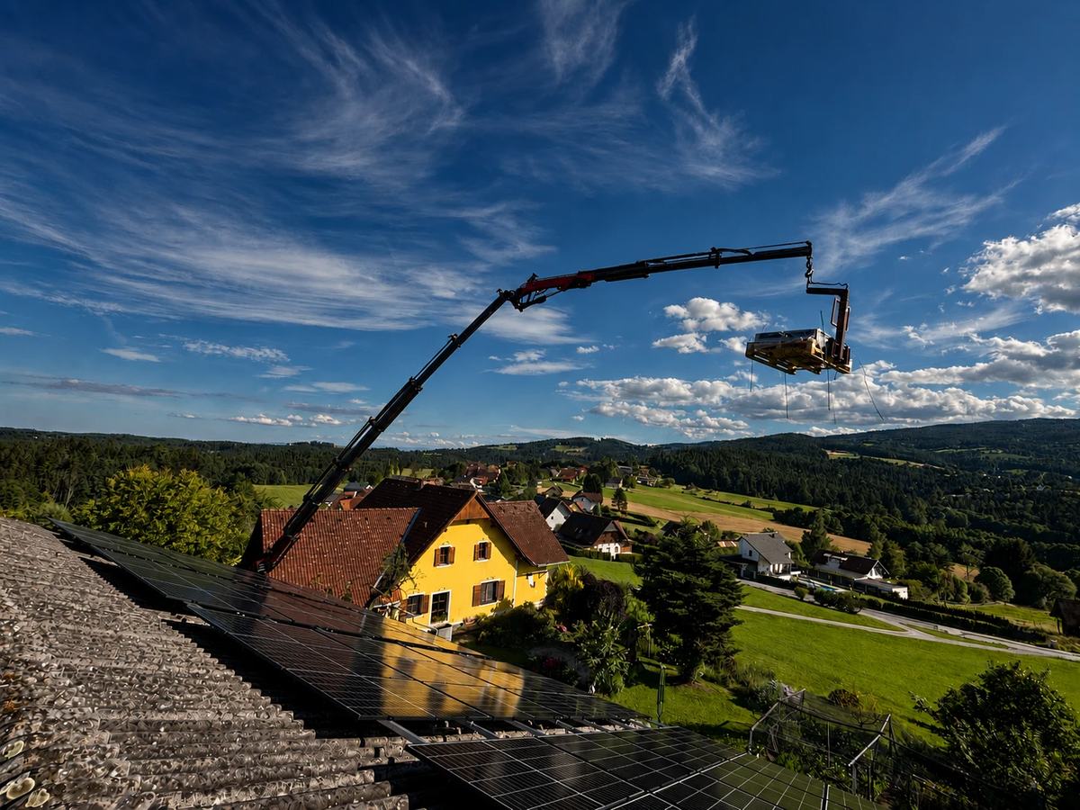 Blick über ein Ziegeldach, auf dem Photovoltaikmodule verlegt sind. Ein Ladekran hebt ein Modulpaket über das Dach, dahinter ein gelbes Bauernhaus und eine hügelige Landschaft mit Wiesen und Wald.