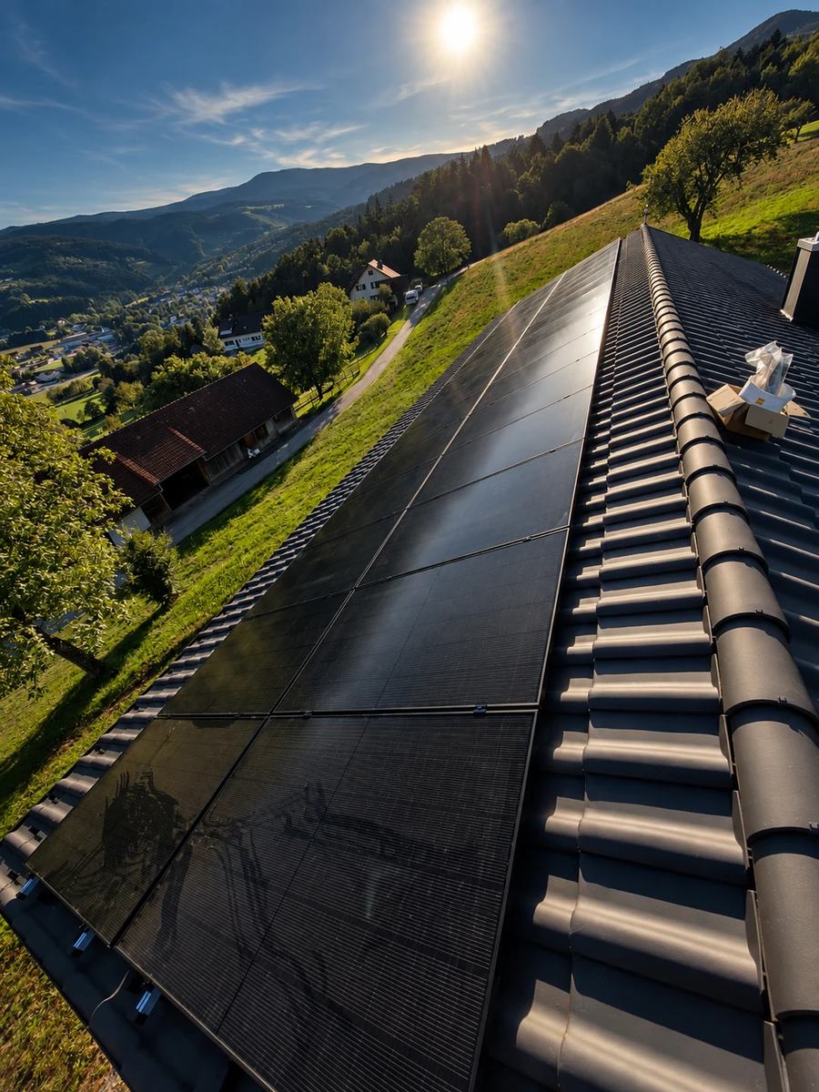 Blick entlang eines Ziegeldachs mit schwarzen Photovoltaikmodulen in der Morgensonne, dahinter ein Tal mit Wiesen, Wald und einzelnen Häusern.