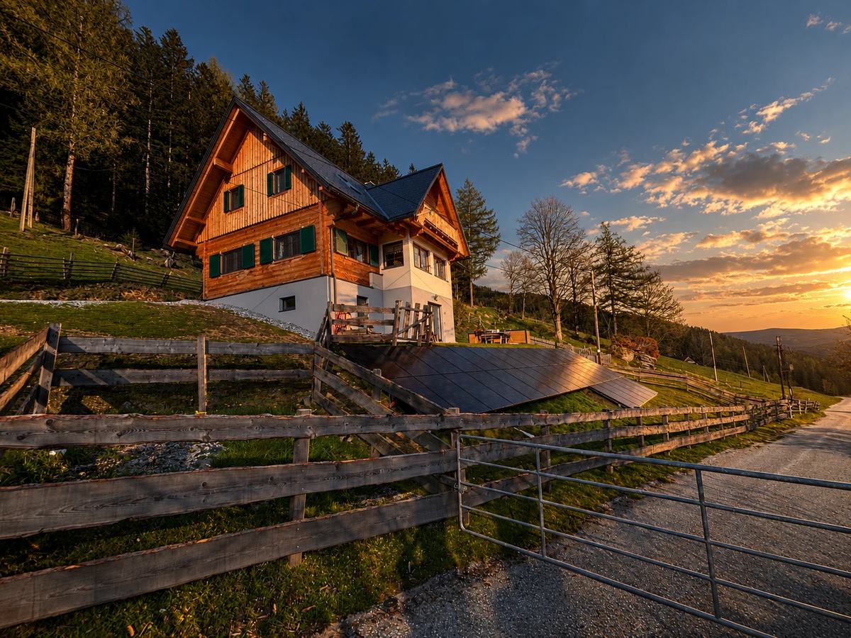 Wohnhaus mit Holzfassade und grünen Fensterläden am Hang, im Abendlicht. Unterhalb des Hauses steht eine aufgeständerte Photovoltaikanlage in der Wiese, hinter einem Holzzaun an der Zufahrt.