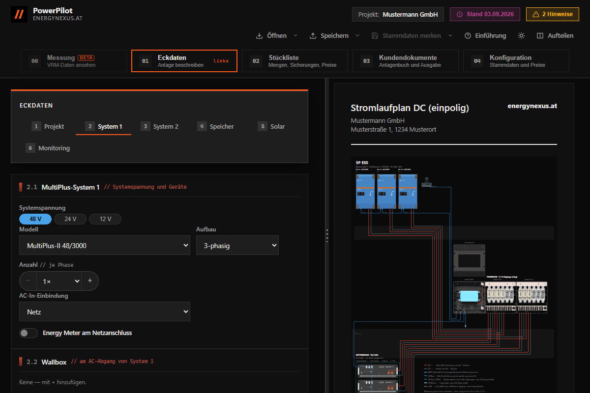 PowerPilot im Browser, geteilte Ansicht: oben die fünf Reiter 00 Messung, 01 Eckdaten, 02 Stückliste, 03 Kundendokumente und 04 Konfiguration. Links geöffnet Eckdaten, System 1: Systemspannung 48 V, Modell MultiPlus-II 48/3000, Aufbau 3-phasig, Anzahl 1 je Phase, AC-In-Einbindung Netz. Rechts der Stromlaufplan DC der Musteranlage Mustermann GmbH mit drei Wechselrichtern, GX Touch, PowerLink-Verteiler und Batteriebank.
